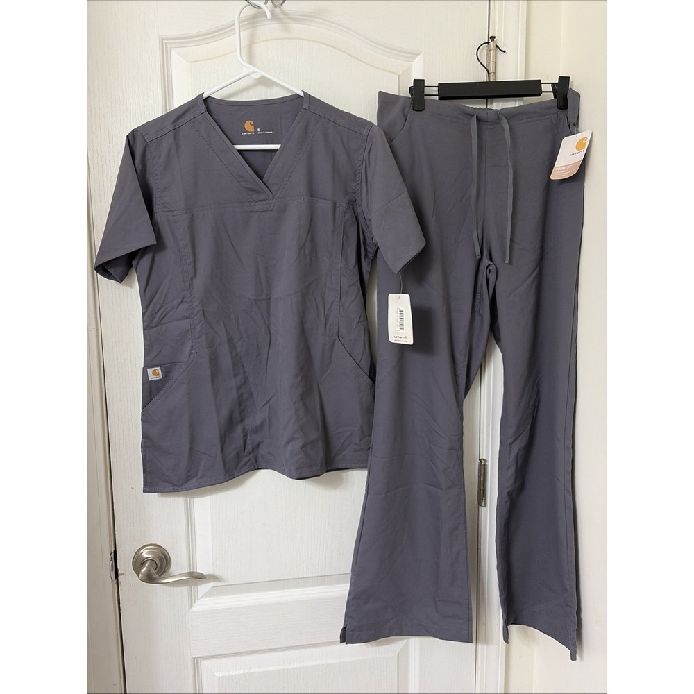 NWT Discontinued Carhartt WorkFlex Scrub Set Pewter Gray Top S Flare Pants M
